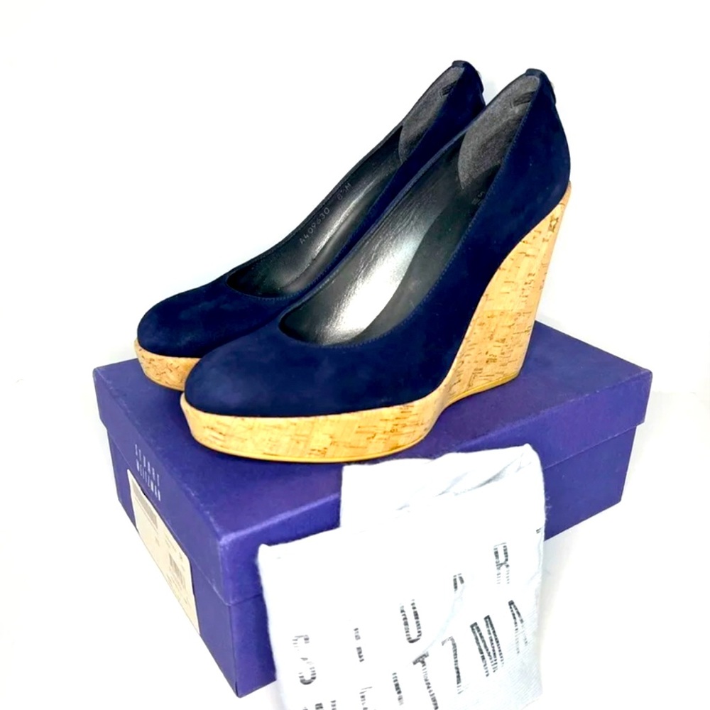 Stuart Weitzman corkswoon blue suede wedge